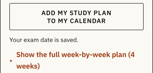 The week card's Add my study plan to my calendar button and the full week-by-week plan